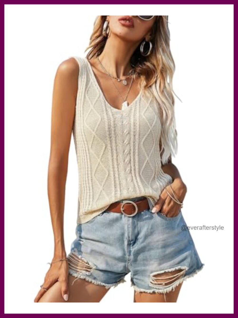 Sleeveless Cable Knit Sweater Vest V-Neck Loose Fit Summer Tank Top